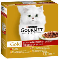 Produktbild von Gourmet Gold Zarte Häppchen in Sauce Mixpaket für erwachsene Katzen Rind Truthahn Ente Huhn Lachs 48x85g