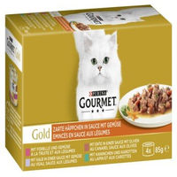 Produktbild von Gourmet Gold Zarte Häppchen Katzen Nassfutter Stückchen in Sauce Ente Forelle Kaninchen Kalb 4x85g - 4 x 85 g