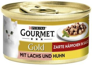 Gourmet Gold Zarte Häppchen Lachs und Huhn in Sauce Katzenfutter 12x85 g - 12 x 85 g – Bild 1 von 2