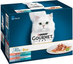 Gourmet Katzenfutter Lachs und Thunfisch Stückchen in Sauce für erwachsene Katzen 12x85g – Bild 1 von 3