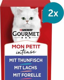 Produktbild von Gourmet Mon Petit Intense Fisch-Variationen mit Thunfisch Lachs und Forelle für erwachsene Katzen 12x50g