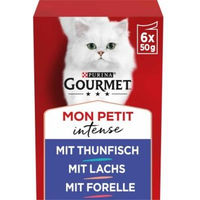 Produktbild von Gourmet Mon Petit Intense Katzenfutter Stückchen in Sauce mit Thunfisch Lachs und Forelle 48x50 g - 48 x 50 g