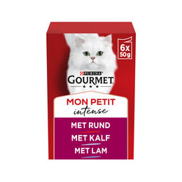 Produktbild von Gourmet Mon Petit Katzenfutter Rind Kalb und Lamm 12 x 50 g Beutel ohne Farb- und Aromastoffe sowie Konservierungsstoffe