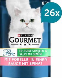 Produktbild von Gourmet Perle Erlesene Streifen in Sauce mit Forelle und Spinat Katzen Nassfutter Adult 26x85g
