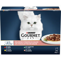 Produktbild von Gourmet Perle Erlesene Streifen mit Rind Huhn Kaninchen und Lachs in Sauce für erwachsene Katzen 1020g