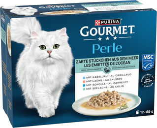 Produktbild von Gourmet Perle Katzen Nassfutter Gemischte Auswahl mit Lachs, Kabeljau, Scholle und Seelachs in Sauce 12 x 85 g