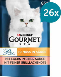 Produktbild von Gourmet Perle Katzen Nassfutter Lachs in Sauce für erwachsene Katzen 26x85g