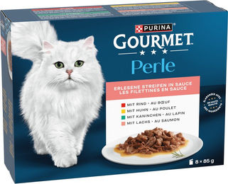 Gourmet Perle Katzenfutter Multipack mit Stückchen in Sauce für erwachsene Katzen 8 x 85 g Sortenmix Huhn Lachs Kaninchen Rind ohne Farb- und Aromastoffe - 8 x 85 g – Bild 1 von 8