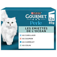 Produktbild von Gourmet Perle Les Ecretés du Ocean Nassfutter für ausgewachsene Katzen mit Lachs und Kabeljau in Sauce 12 x 85 g