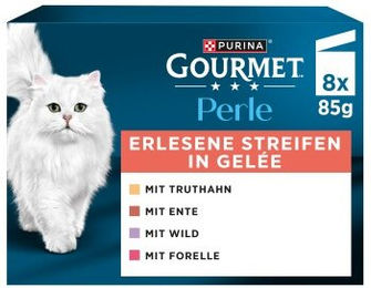 Gourmet Perle Nassfutter Katze Adult Stückchen in Gelee mit Truthahn Forelle Ente und Wild 8x85 g – Bild 1 von 1