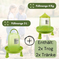 Produktbild von GranataPet Hühner Set aus 4 Hühnertränken mit Füßen und Futterautomaten in Grün aus Kunststoff