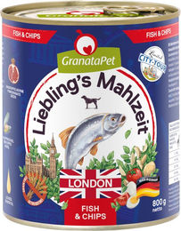 Produktbild von GranataPet Liebling's Mahlzeit City Tour London Fish & Chips Hundefutter Adult Getreidefrei Stückchen in Sauce 6 x 800 g - 6 x 800 g