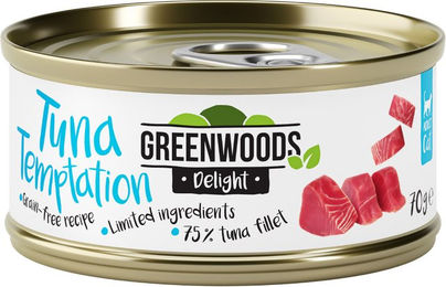 Produktbild von Greenwoods Delight Katzen-Leckerli Thunfischfilet in Sauce, getreidefrei, 6 x 70 g - 6 x 70 g