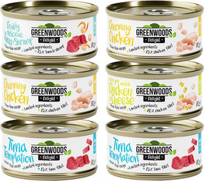 Produktbild von Greenwoods Delight Katzen Nassfutter Probierpaket 6 x 70 g mit Thunfisch, Huhn und Garnele getreidefrei