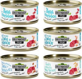 Produktbild von Greenwoods Delight Katzen Nassfutter Probierpaket mit Thunfisch, Lachs, Garnele und Sardellen in Sauce, getreidefrei, 6 x 70 g - 6 x 70 g