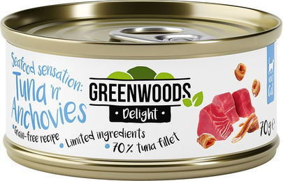 Produktbild von Greenwoods Delight Katzenfutter Thunfischfilet mit Sardellen in Sauce getreidefrei 48 x 70 g - 48 x 70 g