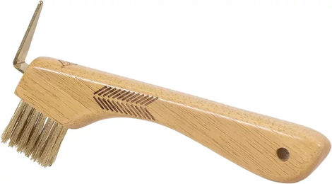 Produktbild von Grooming Deluxe Hufkratzer aus Holz für die Pferdehufpflege mit Metallborsten in Natur Braun