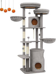 Großer Kratzbaum Kletterturm für Katzen aus Plüsch und Sisal in Hellgrau 60cm x 55cm x 196cm – Bild 1 von 1