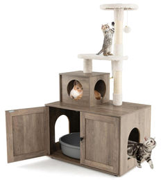 GYMAX Kratzbaum 132 cm mit Katzenhaus und integrierter Katzentoilette in Grau – Bild 1 von 1