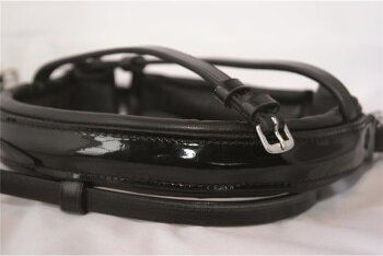 Hans Melzer Reithalfter breit Lack schwedisch kombiniert schwarz unterlegt Warmblut – Bild 1 von 2