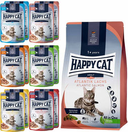 Produktbild von Happy Cat Culinary Adult Atlantik Lachs 10 kg + Mischtray 1 Happy Cat Pouches 12x85g gratis