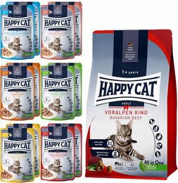 Produktbild von Happy Cat Culinary Adult Voralpen Rind 10 kg + Mischtray 1 Happy Cat Pouches 12x85g gratis