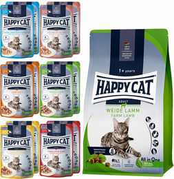 Produktbild von Happy Cat Culinary Adult Weide Lamm 10 kg + Mischtray 1 Happy Cat Pouches 12x85g gratis