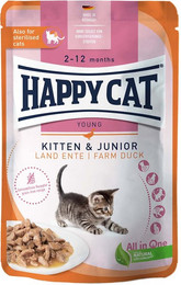 Produktbild von Happy Cat Kitten & Junior Land Ente Pouch 20x85g