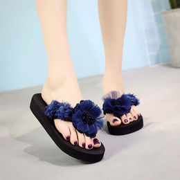 Produktbild von Hausschuhe Damen Sommermode, Dickbesohlte Hochhackige Sandalen, Damen Strand Rutschfeste Blumen, Slope mit Flip-Flops 40 navy blau