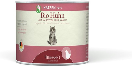 Produktbild von Herrmann's Selection 200g Dose Katzennassfutter 12 x 200 Gramm Bio Huhn mit Karotte & Kamut