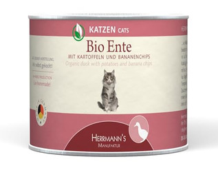 Produktbild von Herrmanns Bio Nassfutter Katze Ente mit Kartoffeln und Bananenchips - 12 x 200 g