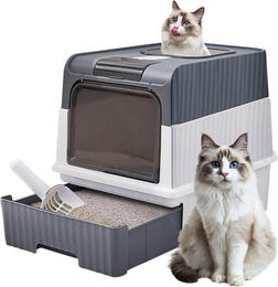 Produktbild von HEYHIPPO Katzentoilette Große faltbare Katzentoilette mit Deckel, Schaufel und PP-Material, Geruchs- und spritzwassergeschützte Katzenstreu-Box, 35x49x37 cm