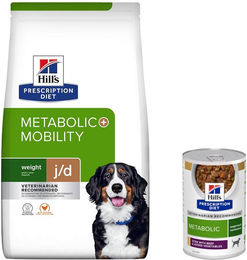 Produktbild von Hill's Prescription Diet Metabolic Trockenfutter + Nassfutter gratis! - 6 kg Mobility mit Huhn + 3 x 354 g Gewichtsmanagement mit Rind & Gemüse