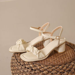Produktbild von Hochwertige A-Wort-Schnalle mit hochhackigen Sandalen für Damen im Sommer, grobem Absatztemperament und Röcken mit hohen Absätzen, weicher Besatz, beinförmigen Sandalen 40 beige