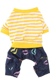 Produktbild von Hund Welpe Katze Gestreifter Pyjama Jumpsuit Kleintier Baumwollkleidung Kostüm(Gelb+Weiß L)
