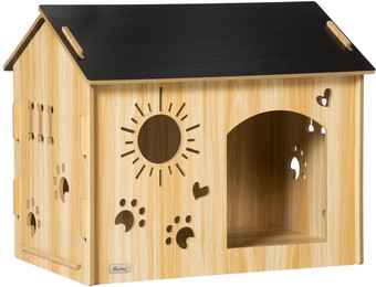 Produktbild von Hundehütte aus Holz mit Lüftungsöffnungen und Dach, MDF Eiche+Schwarz