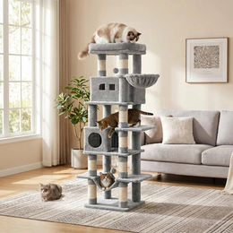 Halupeit Kratzbaum-Turm Hellgrau mit Katzenhöhlen Hängematte und Kissen 170x50x40 cm – Bild 1 von 1