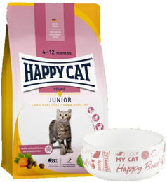 Produktbild von Happy Cat Young Junior Katzenfutter Landgeflügel Kroketten mit Immunsystem-Unterstützung und Futternapf