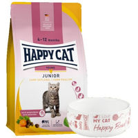 Produktbild von Happy Cat Young Junior Katzenfutter Landgeflügel Kroketten mit Immunsystem-Unterstützung und Futternapf