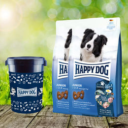 Happy Dog fit & vital Junior Hundefutter Geflügel und Lamm glutenfrei 2 x 10 kg mit Futtertonne 43 Liter – Bild 1 von 1