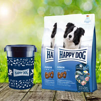 Produktbild von Happy Dog fit & vital Junior Hundefutter Geflügel und Lamm glutenfrei 2 x 10 kg mit Futtertonne 43 Liter