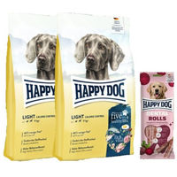 Produktbild von Happy Dog Fit & Vital Light Calorie Control Hundefutter Doppelpack mit Dental Rolls zur Gewichtskontrolle und Zahnpflege