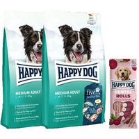 Produktbild von Happy Dog Fit & Vital Medium Adult Getreidefrei Hundefutter Doppelpack mit Happy Dog Dental Rolls