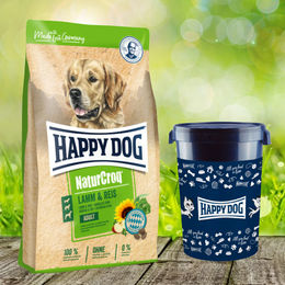 Happy Dog Premium NaturCroq Lamm und Reis Hundefutter mit Futtertonne 43 Liter 15 kg – Bild 1 von 1