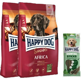 Produktbild von Happy Dog Sensible Africa Hundefutter Doppelpack mit Dental Sticks für Hunde
