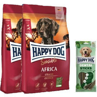 Produktbild von Happy Dog Sensible Africa Hundefutter Doppelpack mit Dental Sticks für Hunde