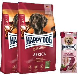 Produktbild von Happy Dog Sensible Africa Trockenfutter Doppelpack und Dental Rolls Hundesnacks für Hunde