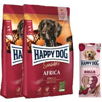 Produktbild von Happy Dog Sensible Africa Trockenfutter Doppelpack und Dental Rolls Hundesnacks für Hunde