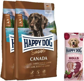 Produktbild von Happy Dog Sensible Canada Doppelpack und Dental Rolls Sticks für Hunde getreidefrei und glutenfrei