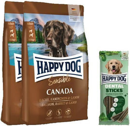 Produktbild von Happy Dog Sensible Canada Getreidefrei und Glutenfrei Hundefutter Doppelpack mit Dental Sticks zur Zahnpflege